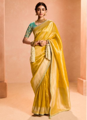 Savory Tissue Weaving Yellow Classic Saree