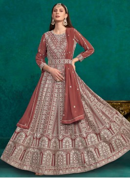 Scintillating Rust Embroidered Faux Georgette Anar