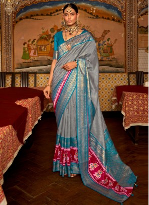 Scintillating Weaving Blue and Grey Patola Silk  Contemporary Saree