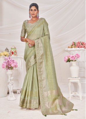 Sea Green Embroidered Silk Classic Saree