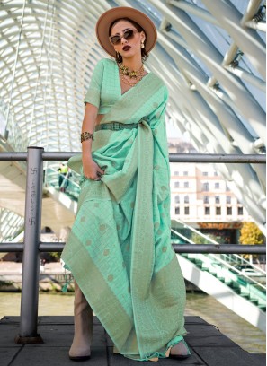 Sea Green Katan Silk Weaving Traditional Saree