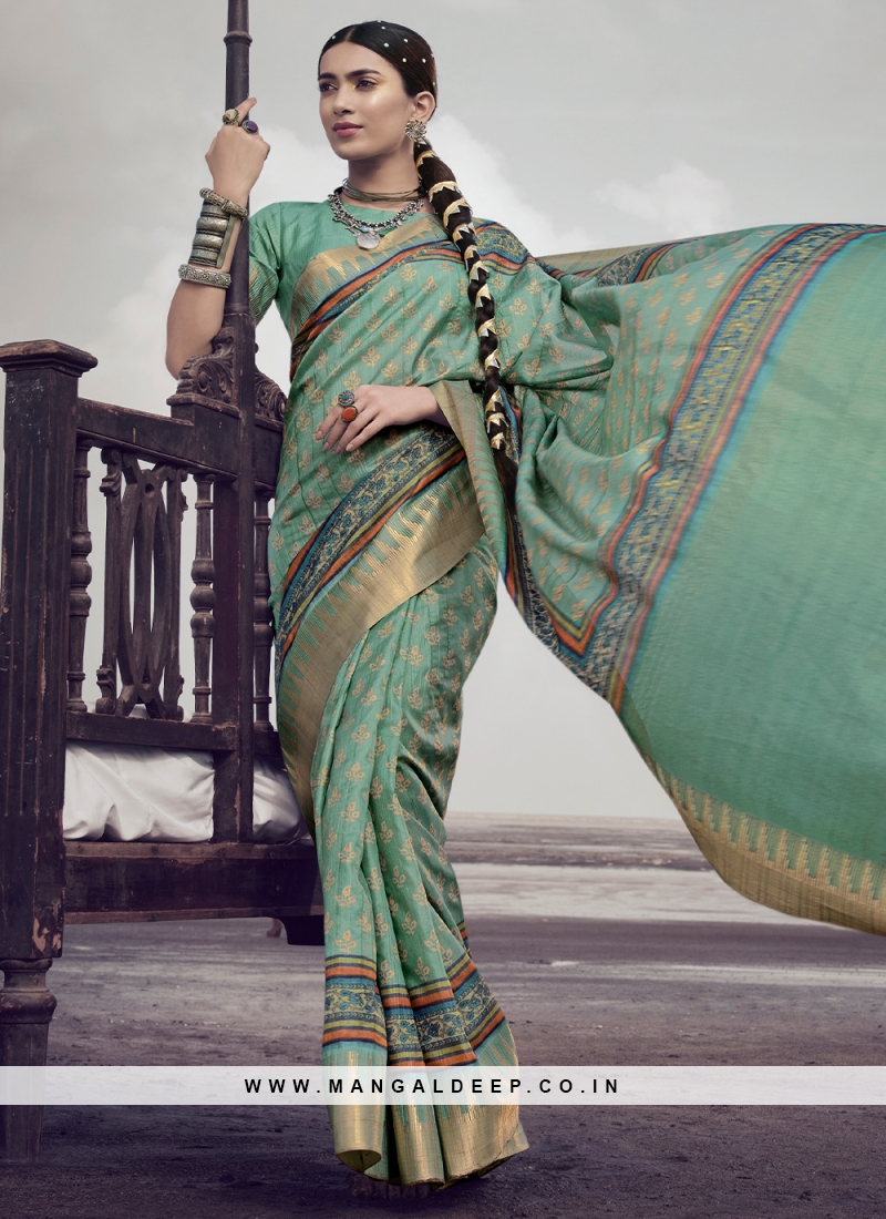 Light Mehendi Green Floral Print Raw Silk Saree