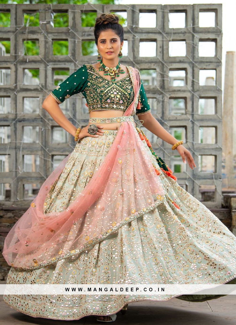 Buy Green Organza Embroidered Mirror Work Round Bridal Lehenga Set For  Women by Aneesh Agarwaal Online at Aza Fashions.