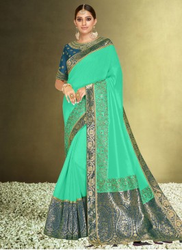 Sea Green Satin Silk Festival Trendy Saree