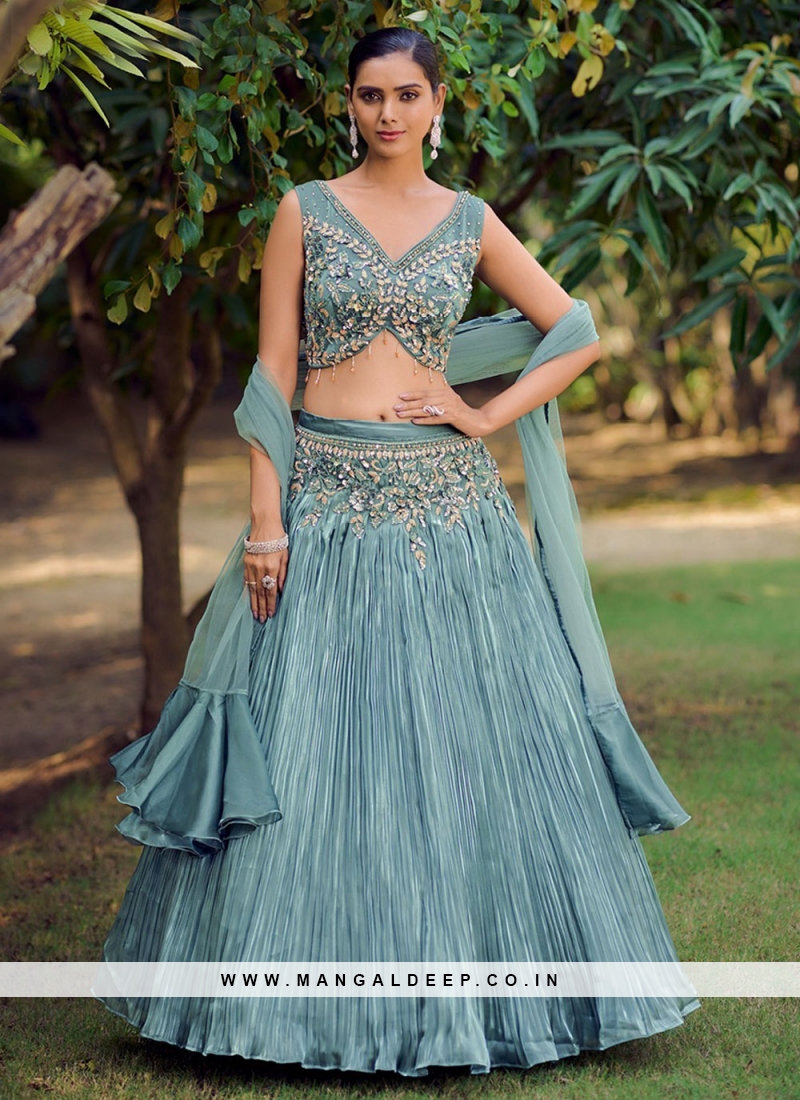 Teal Blue Color Printed Party Wear Lehenga