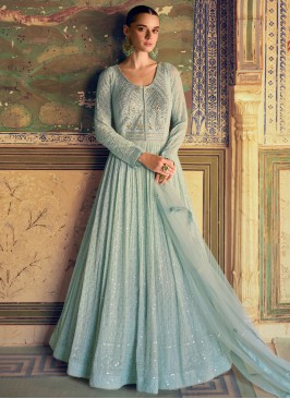 Sensational Aqua Blue Chikankari Work Pure Georgette Readymade Floor Length Gown 