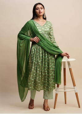 Sensational Cotton Floral Print Green Readymade Suit