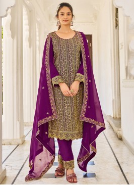 Sensational Wine Embroidered Faux Georgette Straight Salwar Suit