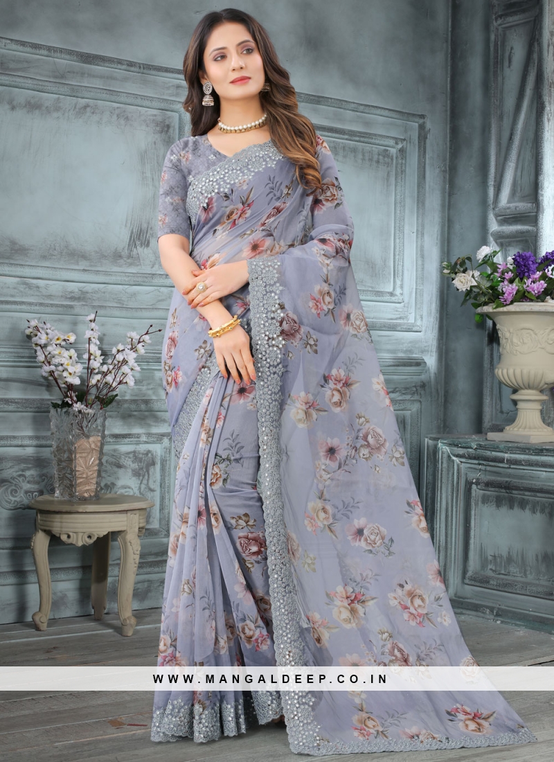 Grey color Satin Silk Designer Saree with Embroidered
