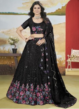 Sequins Chinon A Line Lehenga Choli in Black