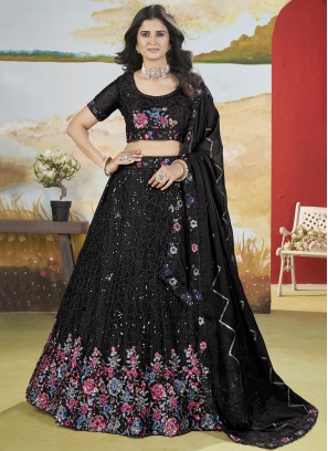 Sequins Chinon A Line Lehenga Choli in Black