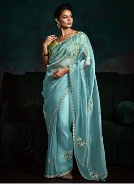 Sequins Fancy Fabric Trendy Saree in Aqua Blue