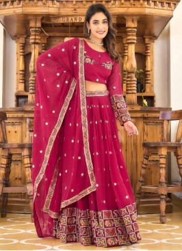 Sequins Faux Georgette Readymade Lehenga Choli in Rani