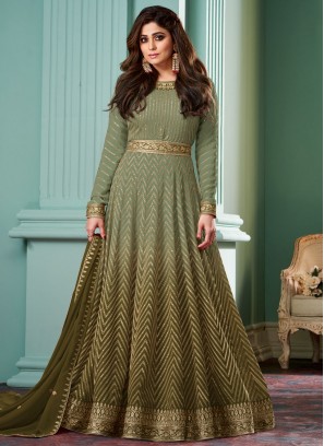 Sequins Georgette Readymade Gown in Green and Sea Green