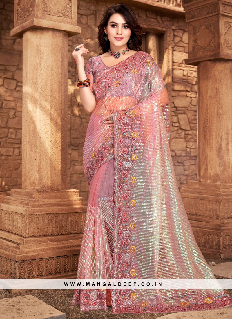 Blush Pink Color Silk Fabric Saree With Sequins Work