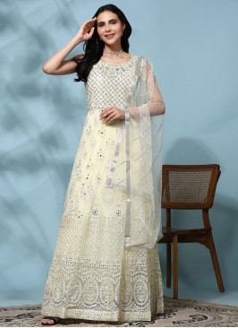 Sequins Net Readymade Gown in Off White
