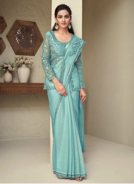 Sequins Silk Trendy Saree in Firozi