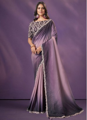 Shaded Saree Embroidered Crepe Silk in Purple