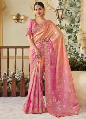 Shaded Saree Stone Tissue in Orange and Pink