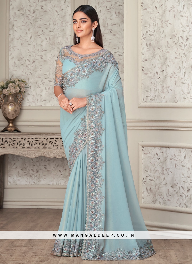 Taupe Georgette Shimmer Saree with Embroidery - SADH3236 from...