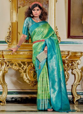 Sightly Weaving Banarasi Silk Green Contemporary Style Saree