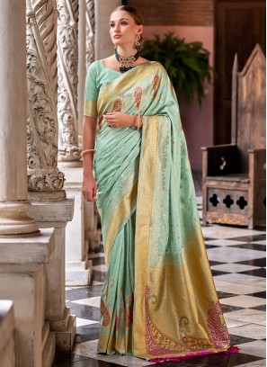 Silk Aqua Blue Weaving Designer Saree