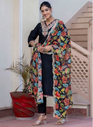 Silk Blend Black Embroidered Readymade Salwar Kameez