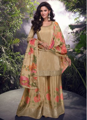 Silk Brown and Cream Designer Salwar Kameez