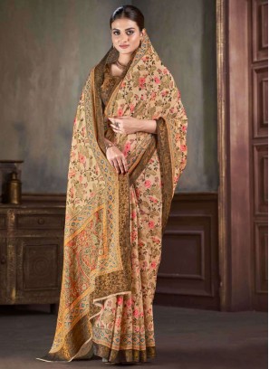 Silk Cream Print Traditional Saree