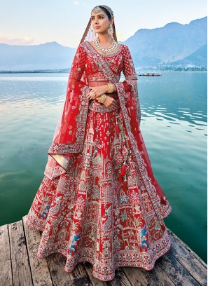 Silk Designer A Line Lehenga Choli in Red