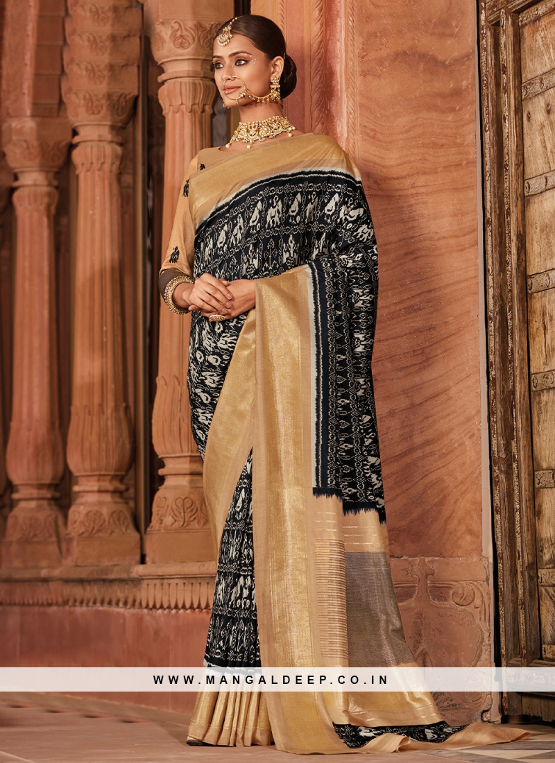 Cream Beige Saree with Gold-Detail Pallu & Multicolor Blouse - Seasons India