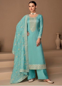 Silk Embroidered Aqua Blue Trendy Salwar Kameez