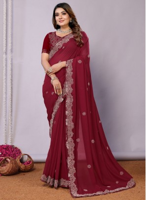 Silk Embroidered Maroon Contemporary Saree