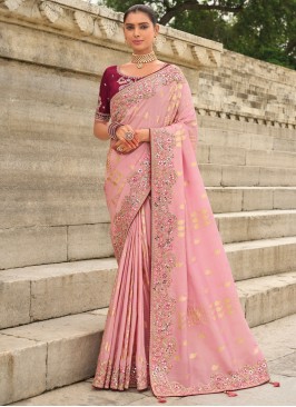 Silk Embroidered Pink Traditional Saree