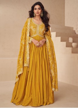 Silk Embroidered Trendy Gown in Mustard