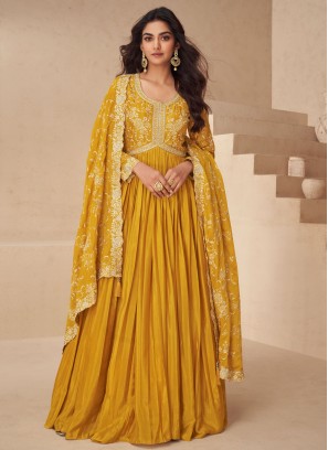 Silk Embroidered Trendy Gown in Mustard