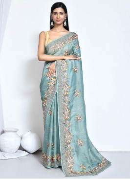 Silk Embroidered Turquoise Contemporary Style Sare