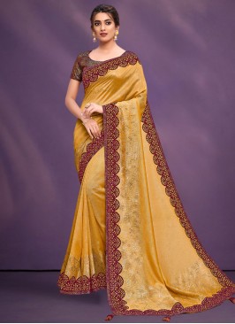 Silk Embroidered Yellow Traditional Saree