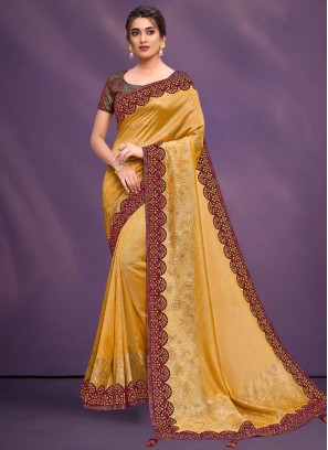 Silk Embroidered Yellow Traditional Saree