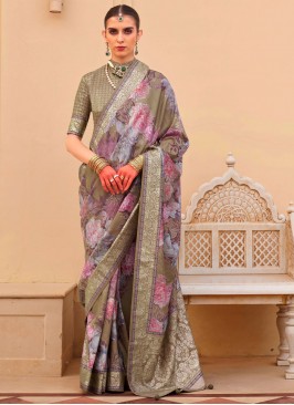 Silk Floral Print Designer Saree in Brown