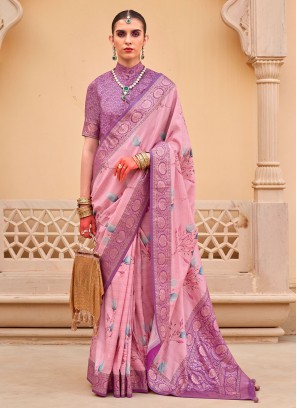 Silk Floral Print Pink Saree