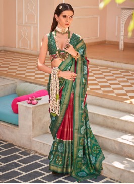 Silk Foil Print Rani and Rust Classic Saree