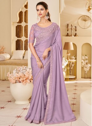 Silk Lavender Embroidered Designer Saree