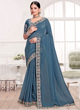 Silk Morpeach  and Teal Embroidered Classic Saree