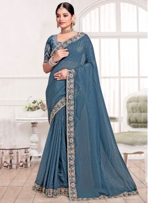 Silk Morpeach  and Teal Embroidered Classic Saree