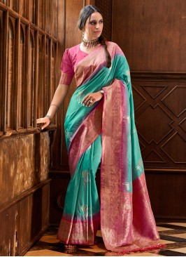 Silk Pink and Turquoise Weaving Trendy Saree