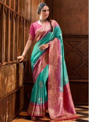 Silk Pink and Turquoise Weaving Trendy Saree