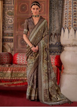 Silk Printed Brown Contemporary Saree