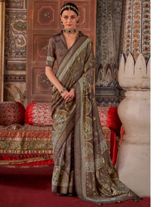 Silk Printed Brown Contemporary Saree