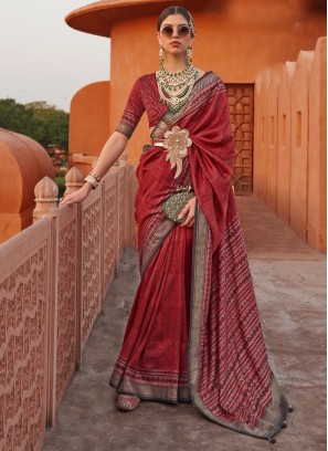 Silk Red Print Trendy Saree